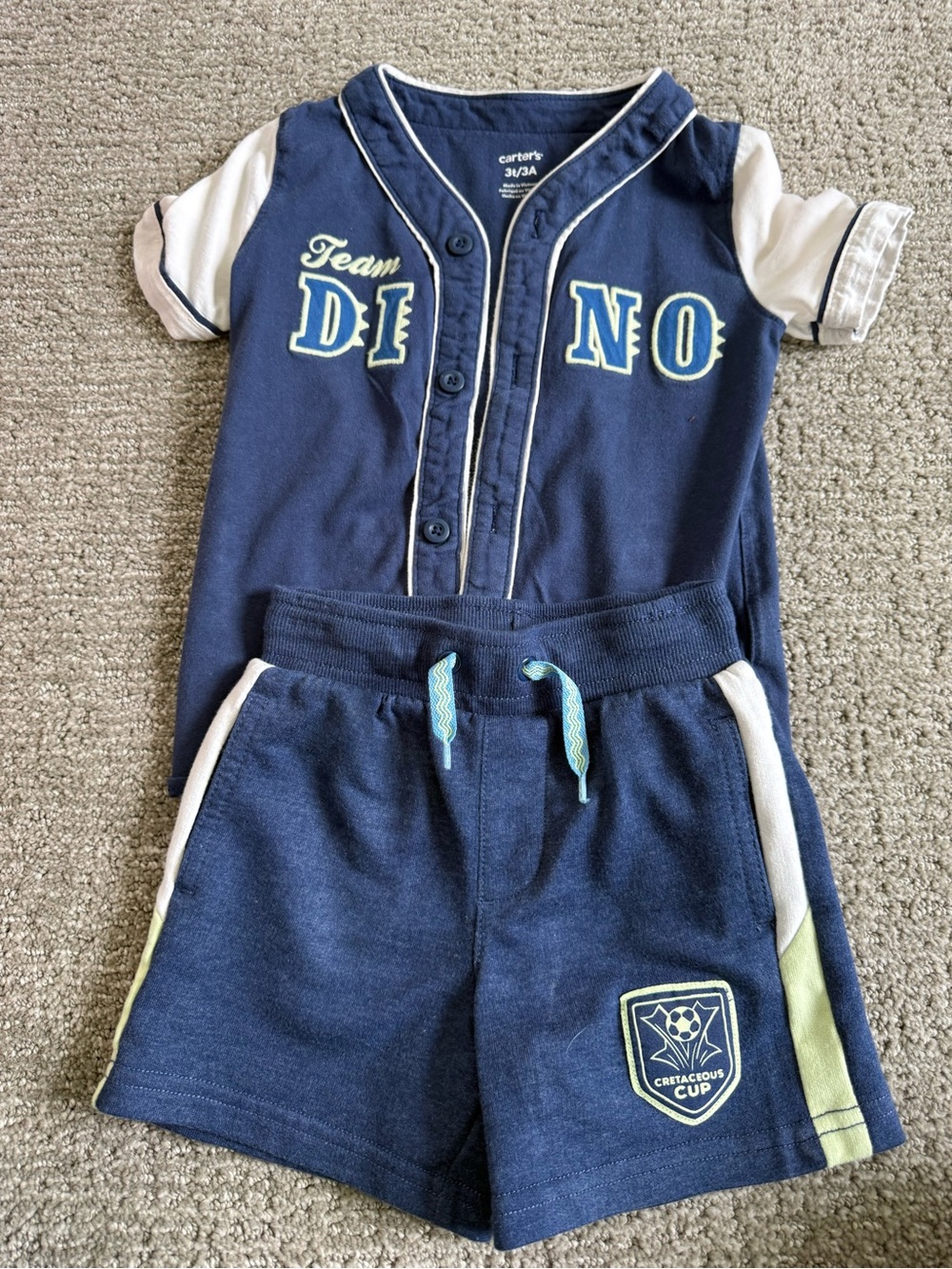 3T Carter's Navy and White 'Team Dino' Boys Button-Front Shirt & Shorts Set